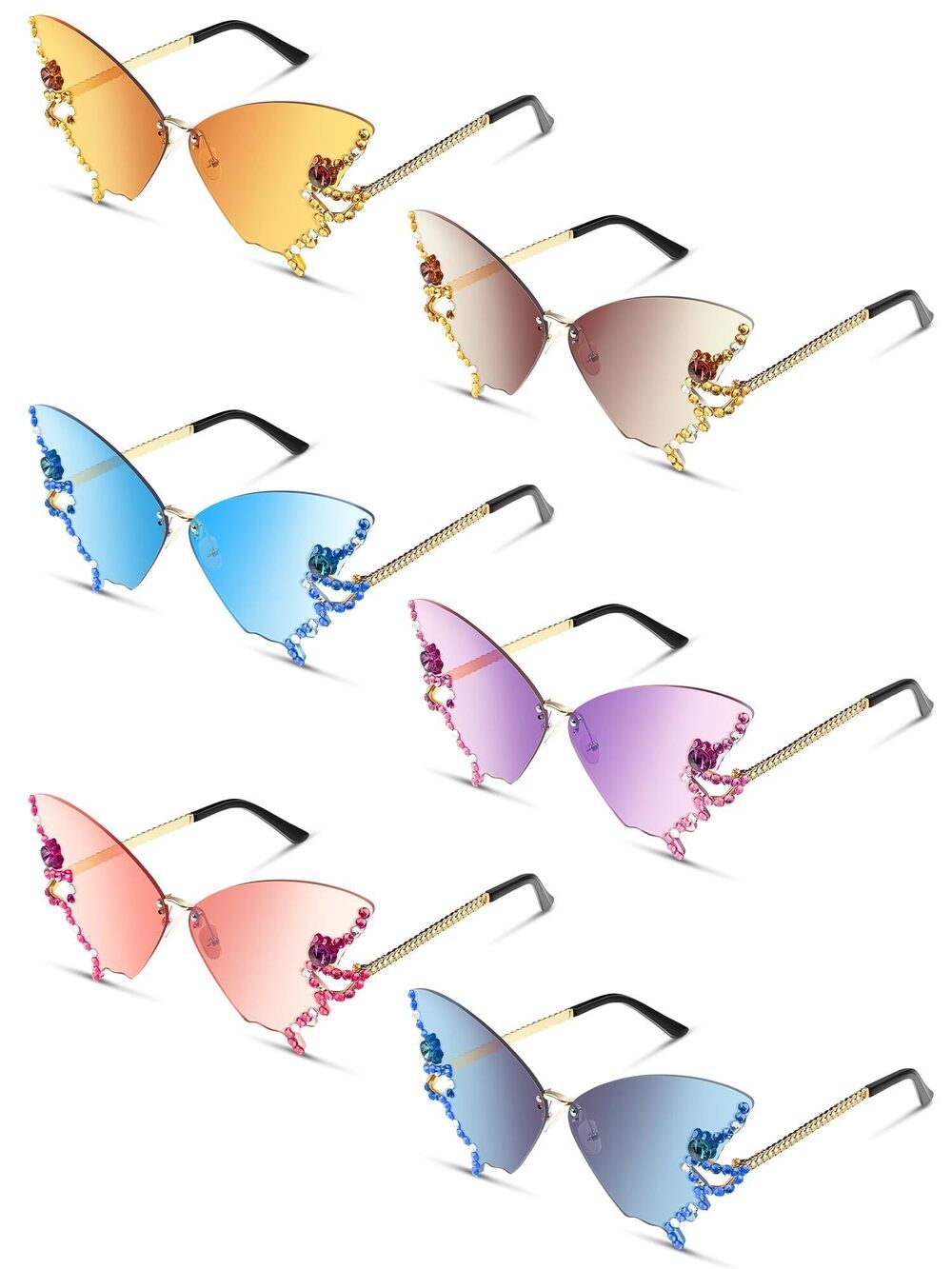 1564 6 Pairs Summer Butterfly Sunglasses Oversized Rhinestone Rimless Bling